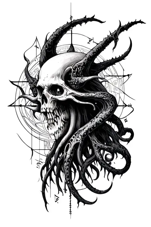 Lovecrat inspired with mathematical and musical designs focused on cosmic horror, elder gods corrupt and gothic imagery. tattoo design idea