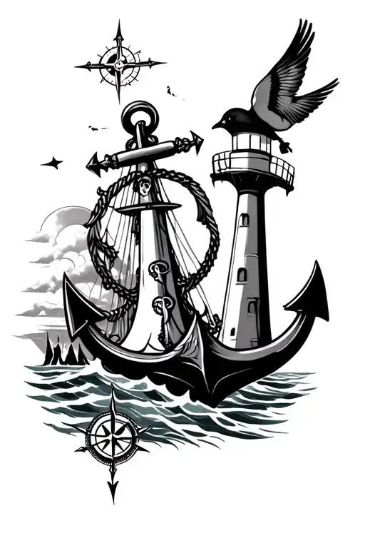 black seawoman, anchor, Compass rose, bird, lighthouse tattoo design idea