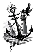 black seawoman, anchor, Compass rose, bird, lighthouse tattoo design idea