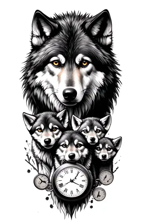 Wolf with 3 cubs and 3 pocketwatches tattoo design idea