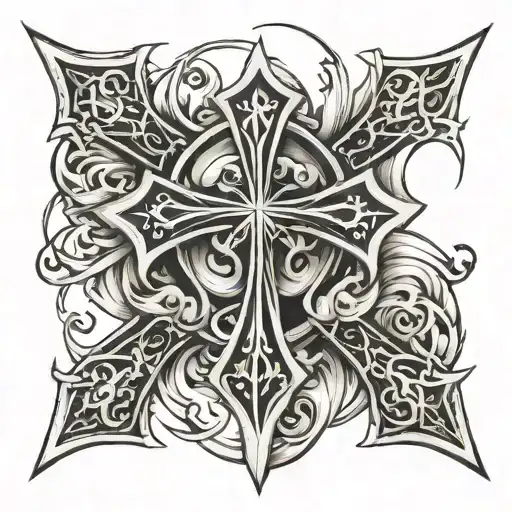 Gothic cross tattoo sketch, sharp lines, Valkyrie style tattoo design idea