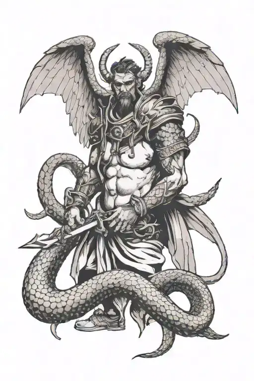 A man with wings, half a devil and half an angel, carrying a sword and wrapped around large snakes  tattoo design idea