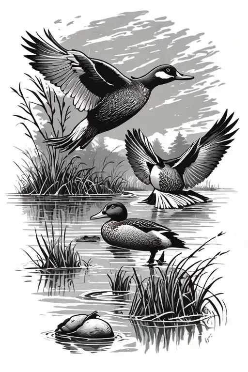 marsh duck hunting scene tattoo design idea