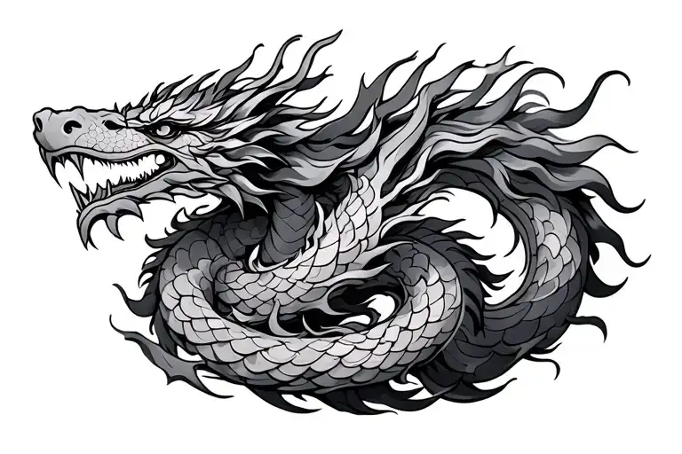 	Black and grey Japanese-style neck tattoo design. The tattoo should feature a fierce, detailed dragon wrapping around t tattoo design idea