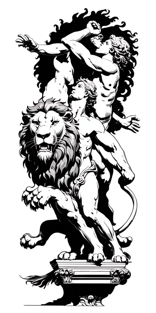 A fierce lion battling a Greek god in a mythological scene tattoo design idea