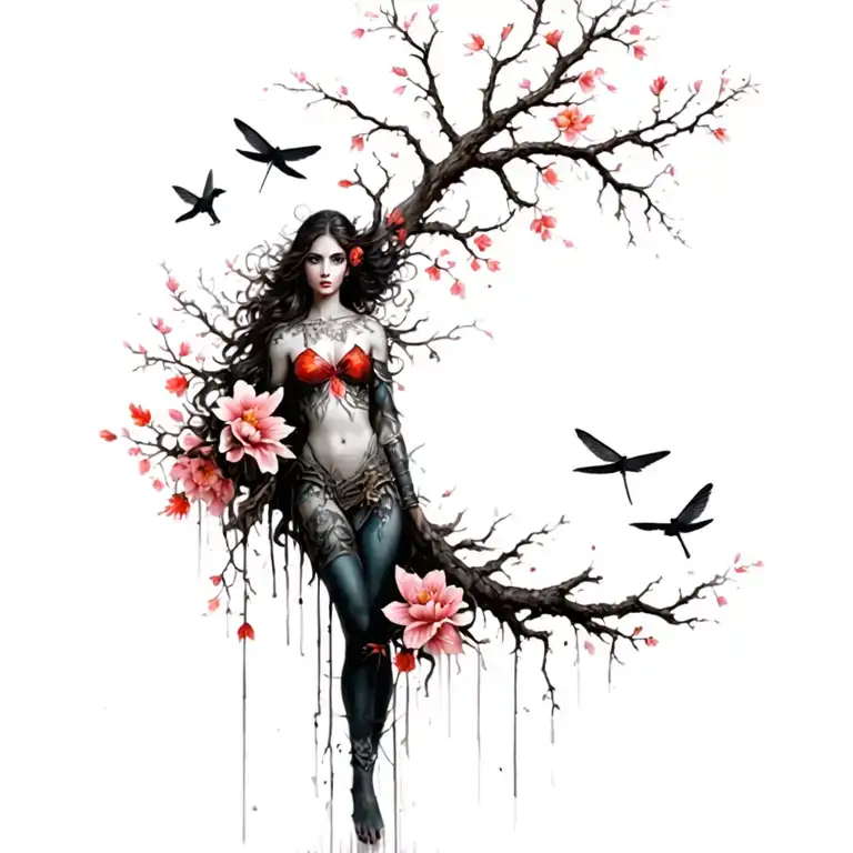 attractive warrior woman tree intertwined branches with flowers, inner strength, around small birds and dragonflies  tattoo design idea