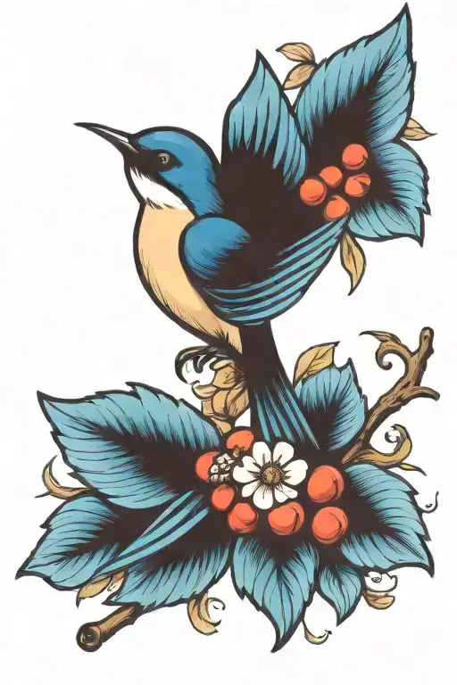 swallow, coffe beans, branch tattoo design idea