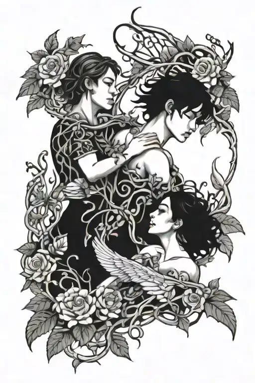 vines of leaves, petals and flowers, man and woman with wings trapped in vines reaching for outside tattoo design idea