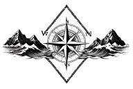 large compass surrounded by intricate geometric mountains and crashing waves, black and white, triangle frame tattoo design idea
