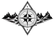 large compass surrounded by intricate geometric mountains and crashing waves, black and white, triangle frame tattoo design idea