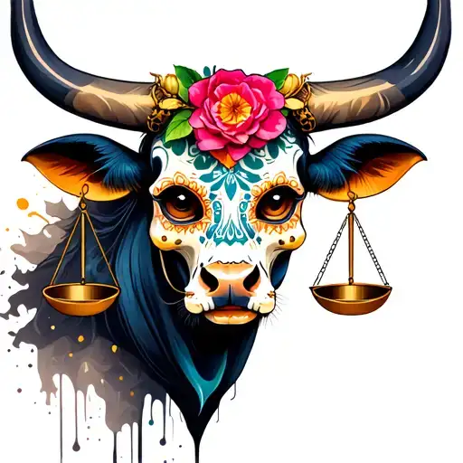 feminine bull with sugar skull markings, brown eyes and two Libra scales and dark background tattoo design idea