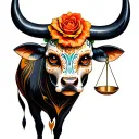 feminine bull with sugar skull markings, brown eyes and two Libra scales and dark background tattoo design idea