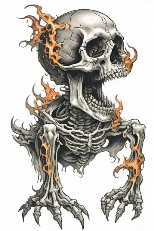 open mouth skull on knee with flames coming out of mouth tattoo design idea