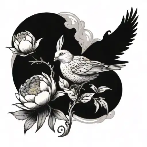 peony flower and rabbit and mourning dove tattoo design idea