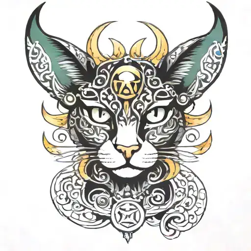 black and white tattoo, cat with eyes like emerald, with symbol of  a taurus and symbol of snake, Sun and moon tattoo design idea
