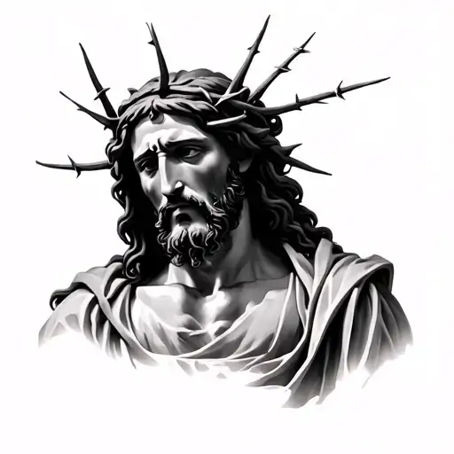 Jesus with thorns wrapped in head and crying realistic tattoo design idea
