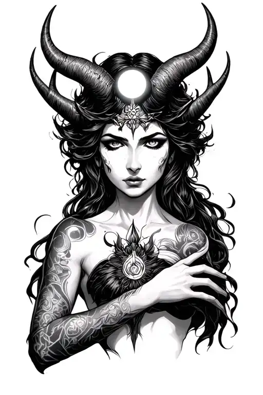 dark goddess Lilith with a moon on her forehead, horns with power surrounding her direct stare tattoo design idea