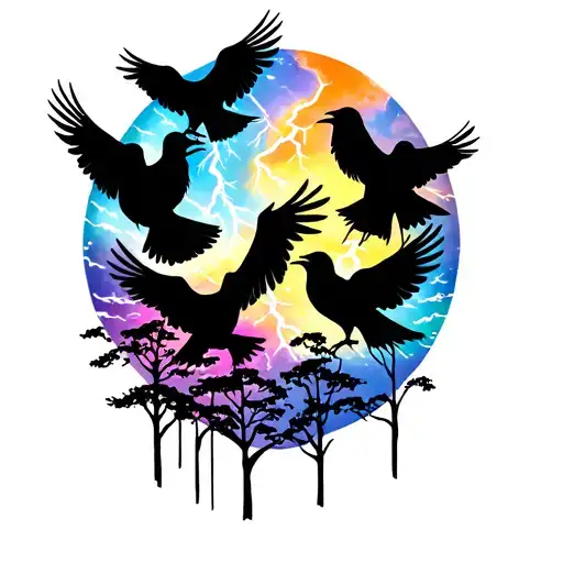 4 crows with trees and cloudy lightning storm  tattoo design idea