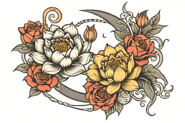 lotus and rose intertwined with moon intertwined tattoo design idea