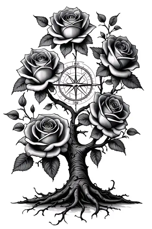 roses, tree representing family,British compass intertwined tattoo design idea
