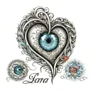 colourful nazar as a love heart with the name Lara-şerife and tanrının hediyesi in middle linked by infinity and XO  tattoo design idea