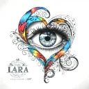 colourful nazar as a love heart with the name Lara-şerife and tanrının hediyesi in middle linked by infinity and XO  tattoo design idea