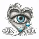 colourful nazar as a love heart with the name Lara-şerife and tanrının hediyesi in middle linked by infinity and XO  tattoo design idea