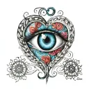 colourful nazar as a love heart with the name Lara-şerife and tanrının hediyesi in middle linked by infinity and XO  tattoo design idea