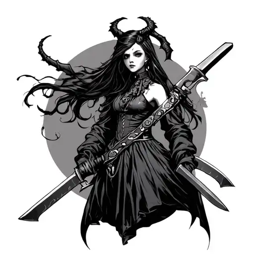 Demon in the guise of a dressed girl with weapons tattoo design idea