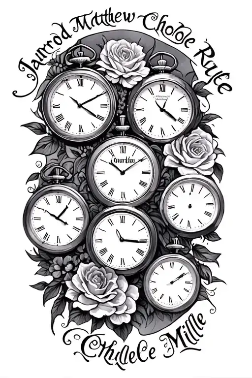 "Jarrod Matthew Chloe Rylee " "Craig Chloe Millie" 3 clocks left shoulder piece tattoo design idea