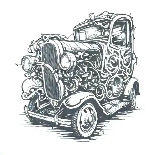 stained class heart shattering with old car coming out tattoo design idea