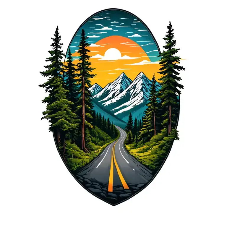 Road winding trees mountain range tattoo design idea