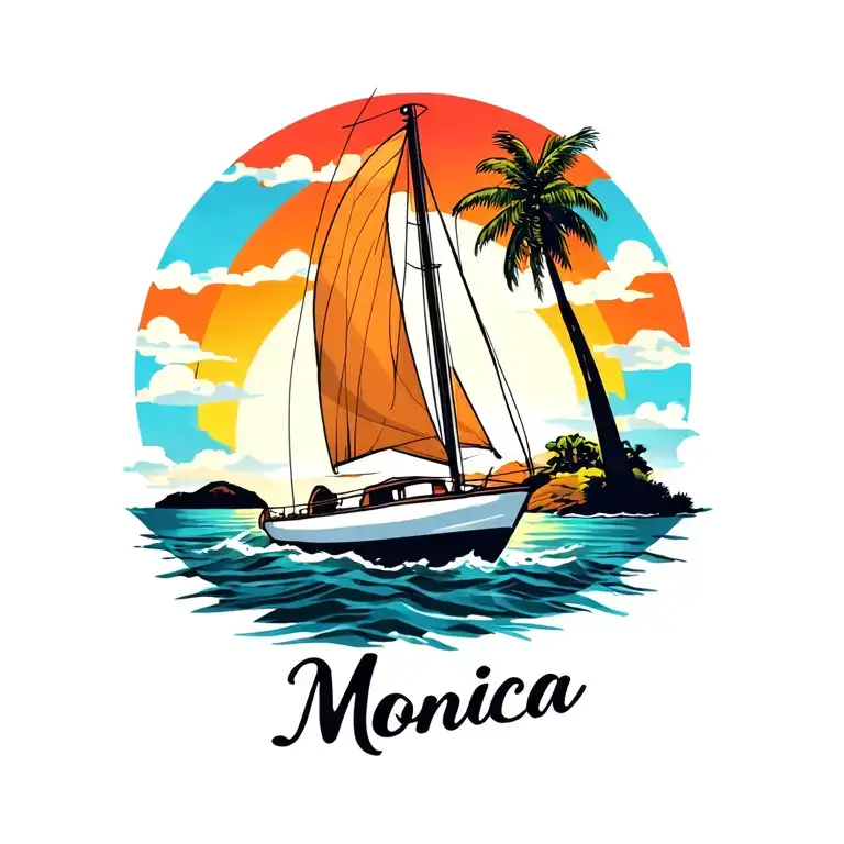 "Monica" "Monica" "Monica" white sailboat in foreground, background sunrise sky, small island in far background  plam vibrant colors no borders  tattoo design idea