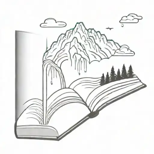 mountain on a book with waterfall cascading tattoo design idea