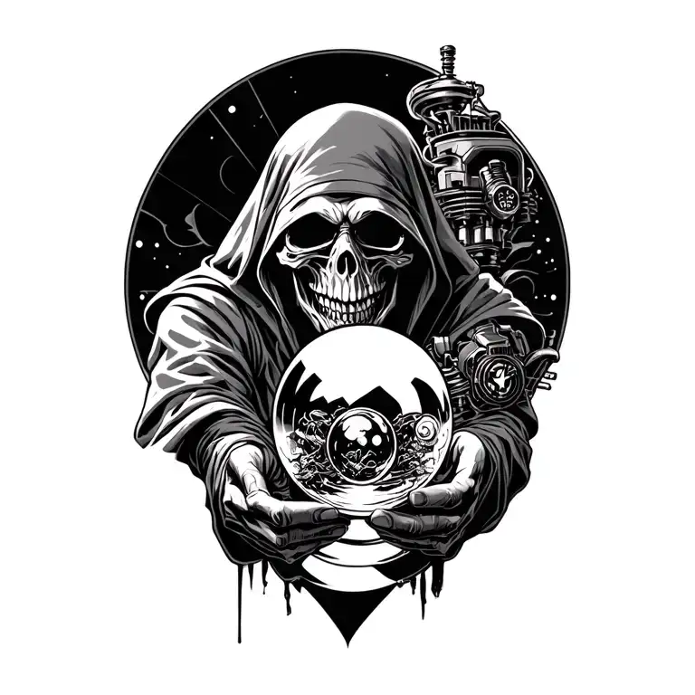 grim reaper holding a v8 engine like a crystal ball tattoo design idea