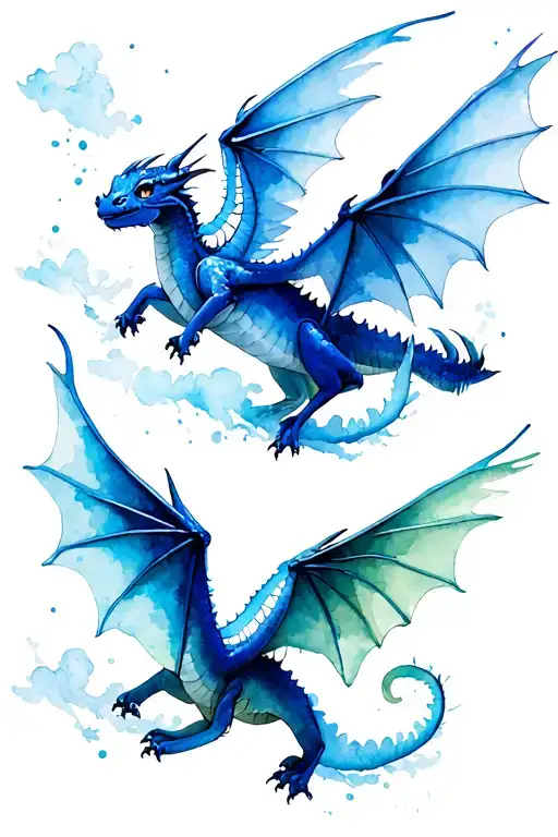3 flying baby dragons in watercolour  tattoo design idea