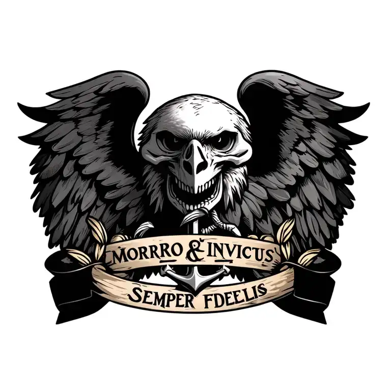 eagle skull and an anchor saying morrior invictus and semper fidelis with roman laurels tattoo design idea
