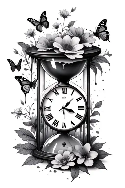 hour glass with clock face melting with flowers and butterflies tattoo design idea