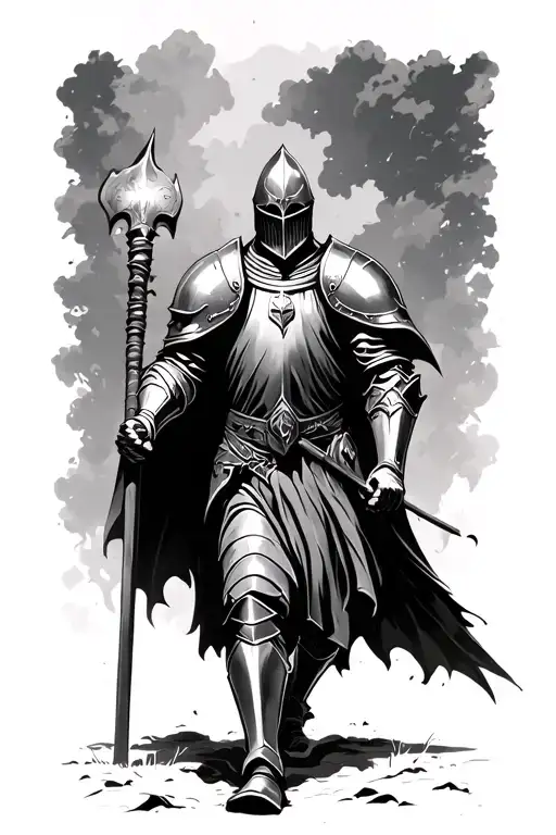 black and white of a knight walking through valley of the shadow of death tattoo design idea