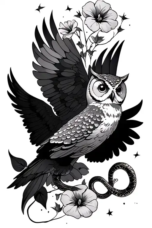 Kite with owl wings flying in a night sky with petunia flowers and snake  tattoo design idea