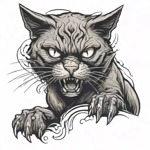 BLACK CAT WITH A THORD EYE HISSING ANGRY. FULL BODY HORIZONTAL  tattoo design idea