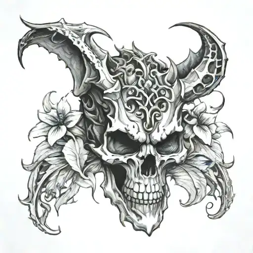 bahamut dragon skull with flowers intertwined tattoo design idea