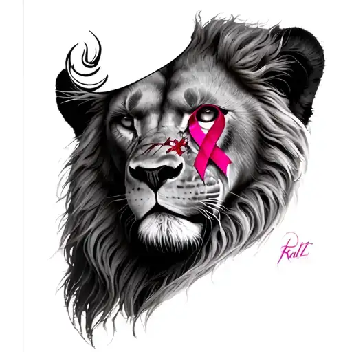lion with cancer ribbon scar on eye tattoo design idea