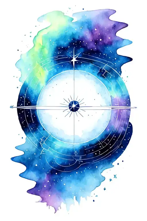 A stylized astrolabe surrounded by a minimalist aurora borealis, with a North Star at its center. tattoo design idea