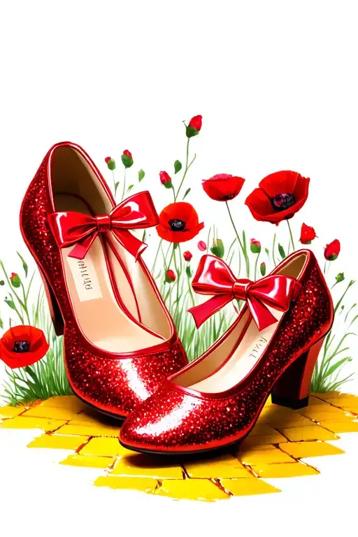 two sparkly flat red ruby shoes with bows on toe and yellow brick road and poppies tattoo design idea