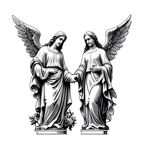 angel statues of mother and father holding hands tattoo design idea