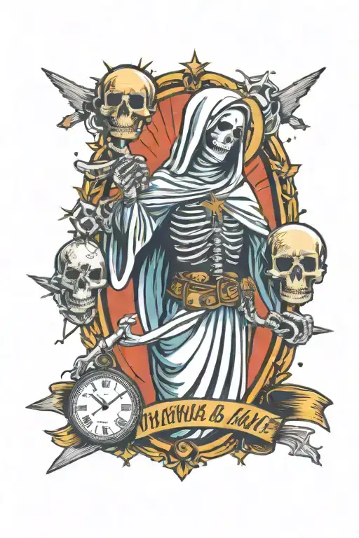 VIRGIN MARY AS SKELETON WEARING BELT OF BULLETS WITH FALLING STARS, MISSILES, POCKET WATCH, RAZOR BLADE tattoo design idea