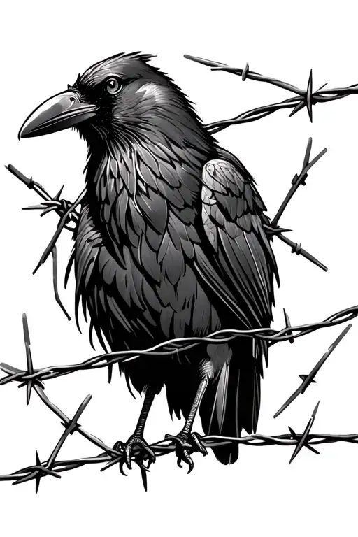 Crow wrapped in barbed wire, messy feathers and the beak is closed tattoo design idea