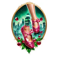 two sparkling ruby ballet slippers with emerald city in the background, no legs tattoo design idea
