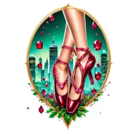 two sparkling ruby ballet slippers with emerald city in the background, no legs tattoo design idea